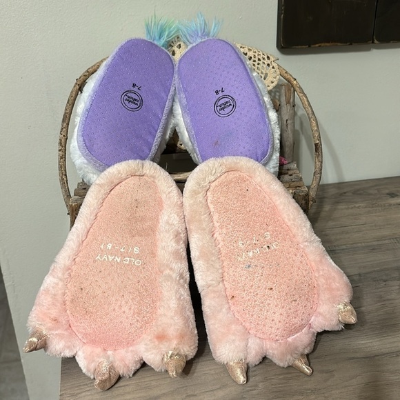 EUC 2 PAIR TODDLER 7/8 SEQUIN HORN UNICORN AND PINK FURRY MONSTER FEET SLIPPERS - Picture 5 of 9